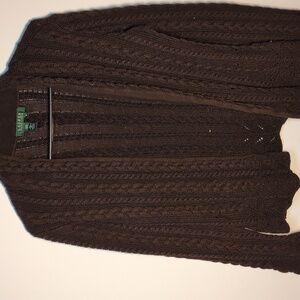 LRL Ralph Lauren Cardigan Sweater Brown Cable Knit, Size M